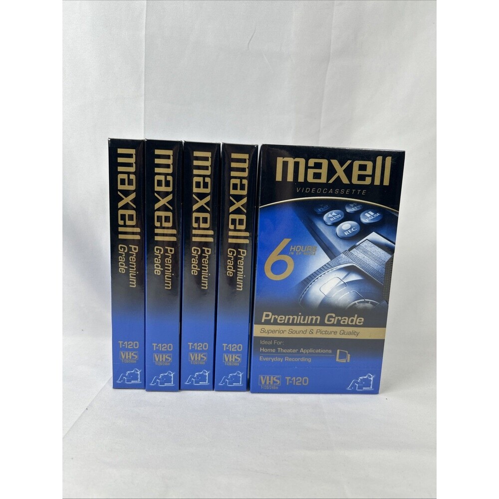 Maxell Premium Grade VHS T-120 Pack Of 5 Blank Video Tapes 6 Hrs Recordable
